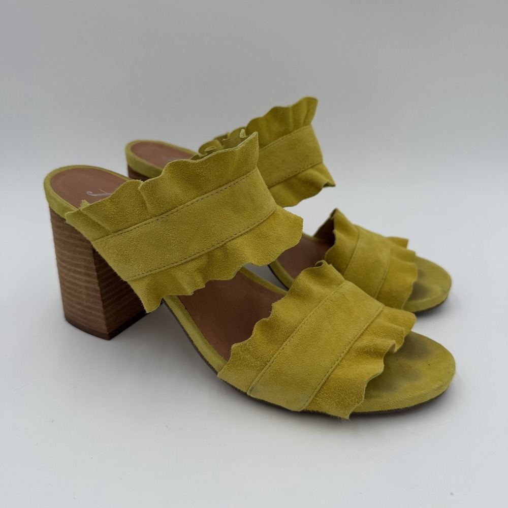 Free People Rosie Ruffle Heel Yellow Suede Sandals Block Heel EU 40 Womens 9.5